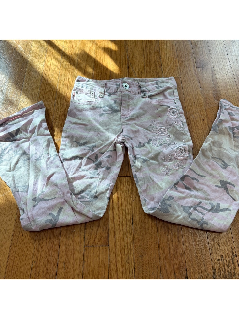 Vintage Y2K pink camo floral low rise flared jeans